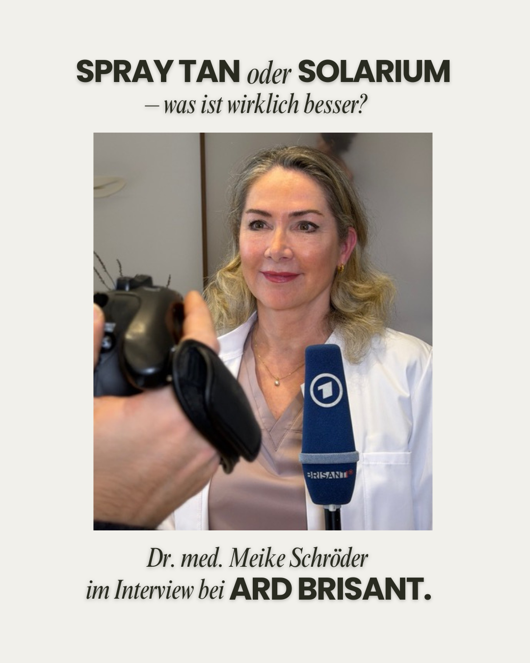 Unsere Dermatologin Dr. med. Meike Schröder war bei ARD Brisant zu Gast und hat dort erklärt, welche Methode wirklich besser für unsere Haut ist: Spray Tan oder Solarium? ☀️⁠
⁠
Mehr Infos im Beitrag bei ARD Brisant ab Minute 7 – der Link ist in der Bio. 👆⁠
⁠
#SchöneHaut #ARD #SprayTan #Solarium⁠
⁠